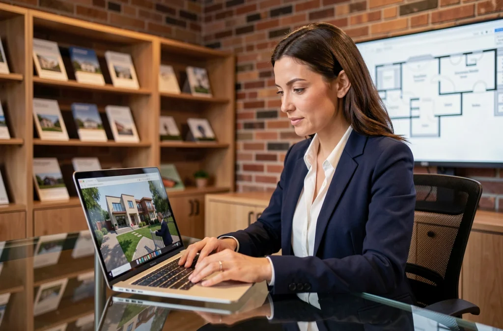 Agent immobilière consultant une visite virtuelle 3D sur ordinateur dans une agence immobilière moderne