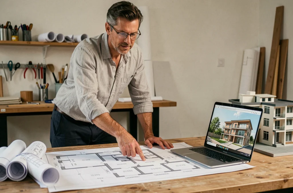 Architecte analysant un plan 3D imprimé et un modèle numérique de projet immobilier résidentiel