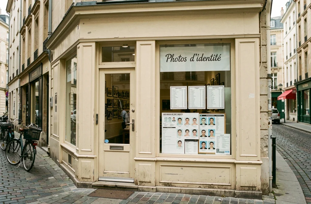 Devanture d'un magasin de photographie proposant des photos d'identité pour passeport avec affichage des tarifs