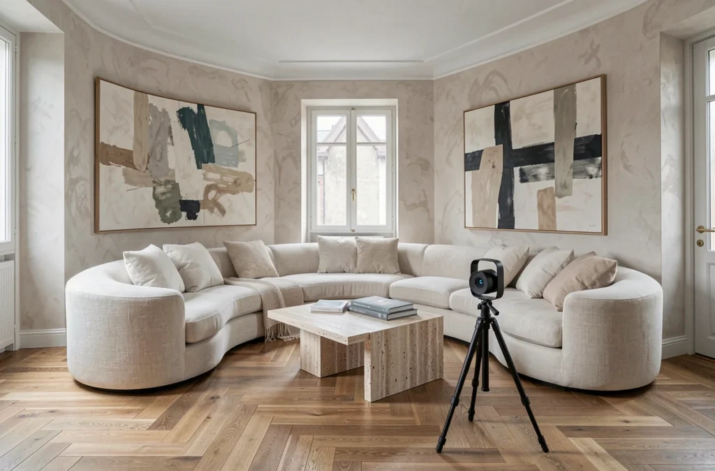 Caméra 3D Matterport en fonctionnement dans un salon de luxe pour une visite immersive immobilière
