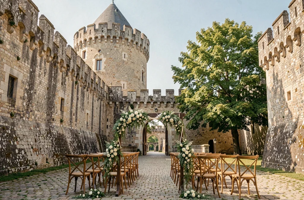 Château de Corcelles, mariage dans la cour intérieure d'un château médiéval du Beaujolais décoré de guirlandes florales