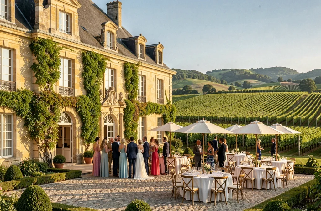 Château de Janzé dans le Beaujolais, cour extérieure décorée pour un mariage avec vignes en arrière-plan