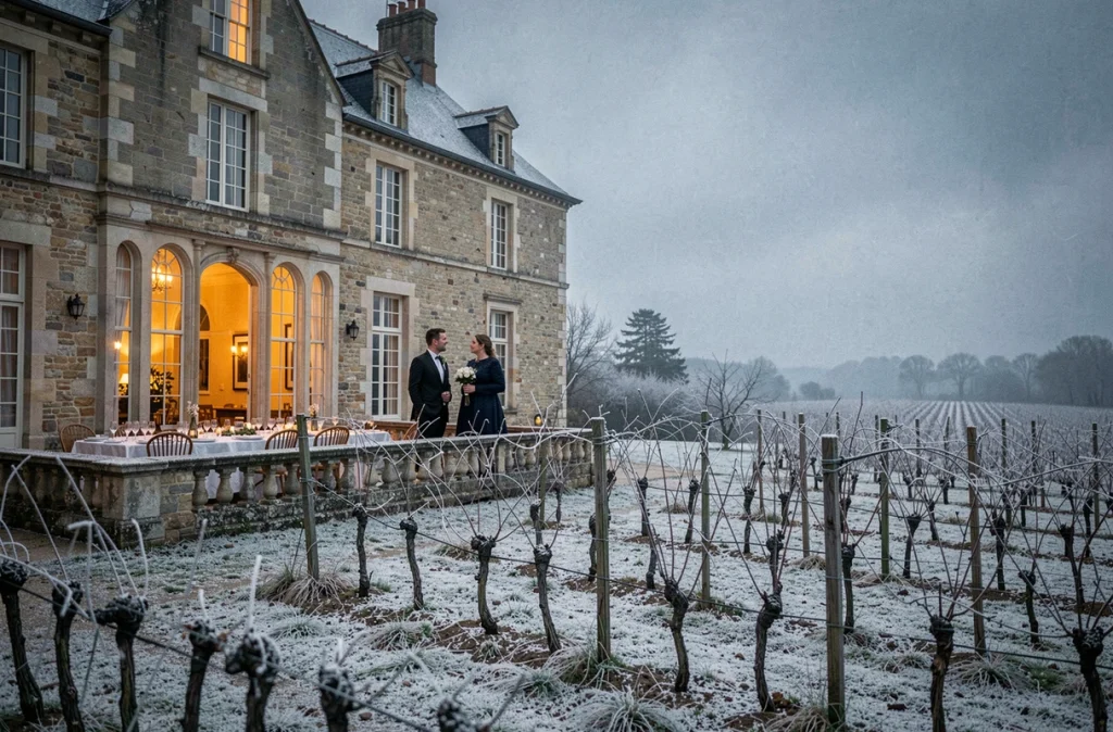 Château La Gallée en hiver, domaine viticole du Beaujolais décoré pour un mariage hivernal avec vignes givrées