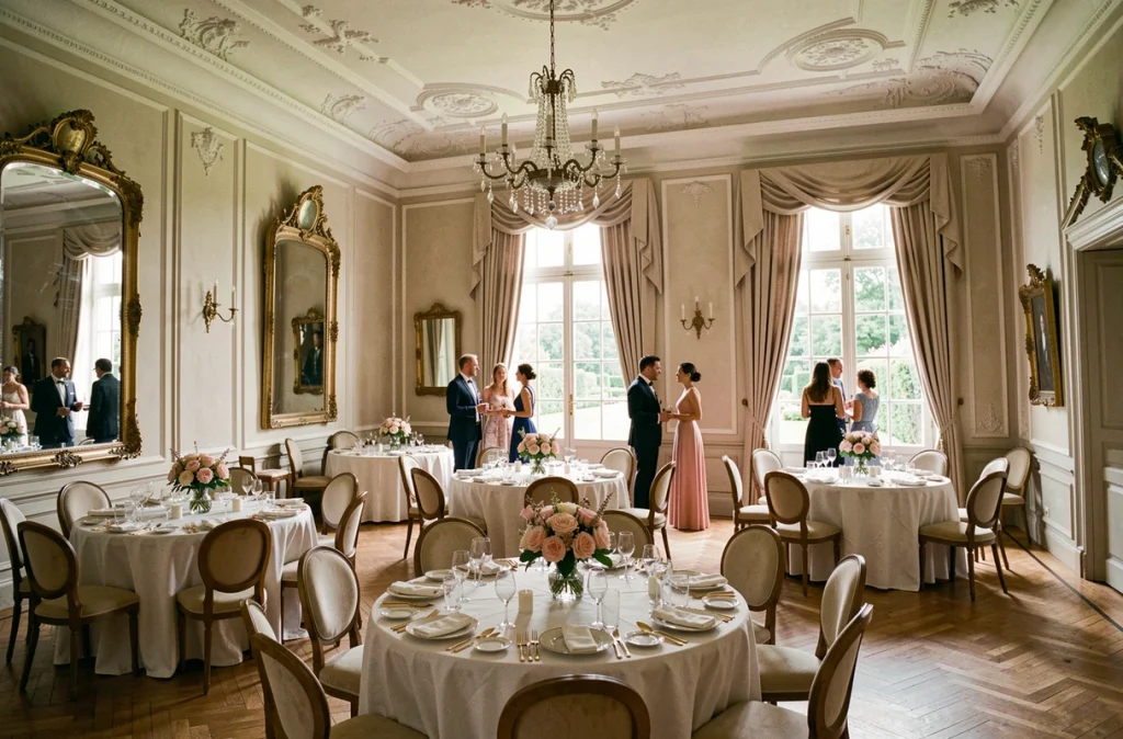 Salle de réception du Château Montplaisant en Isère, décorée pour un mariage avec vue sur jardin à la française