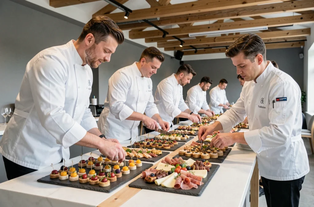 Équipe de CK Traiteur dressant un buffet de mariage gastronomique dans une salle de réception moderne