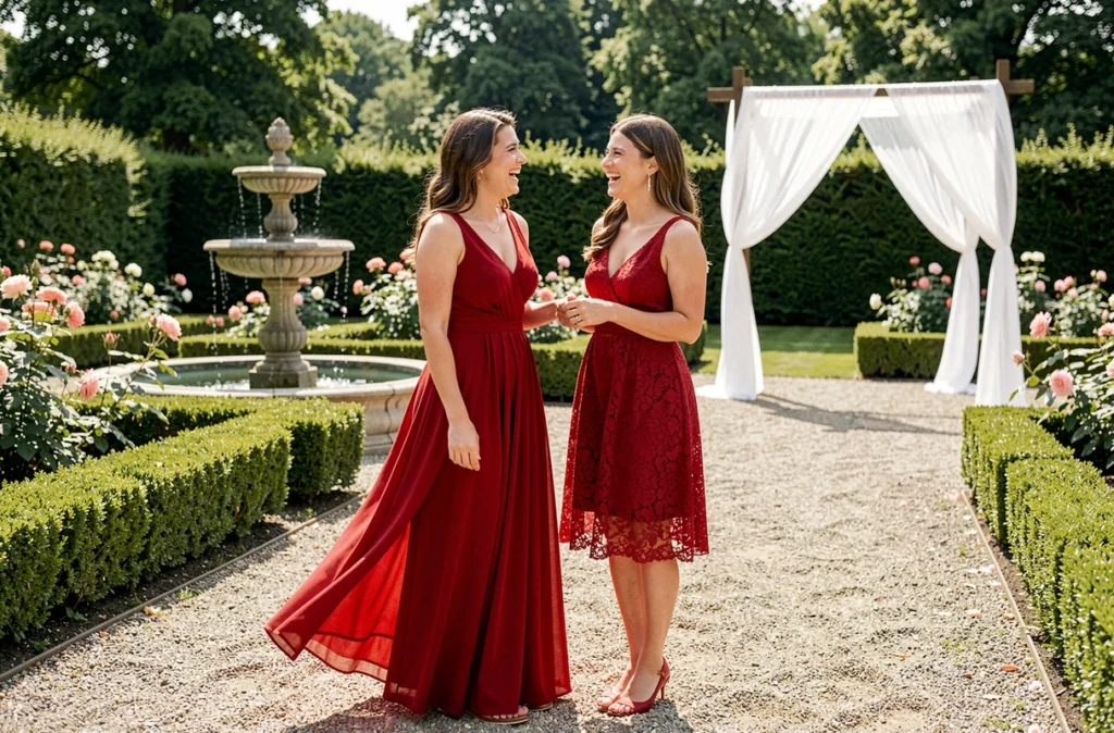 Deux femmes portant des robes rouges longue et courte dans un jardin de mariage en été