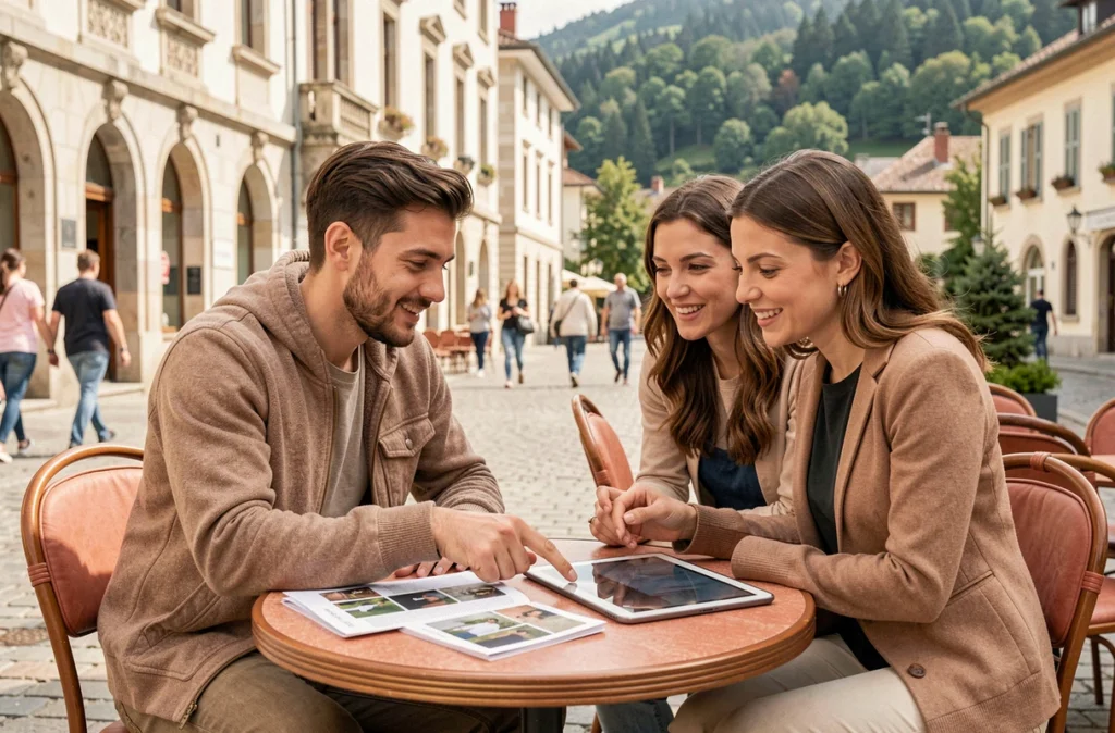 Couple en consultation avec une photographe en terrasse de café à Saint-Julien-en-Genevois