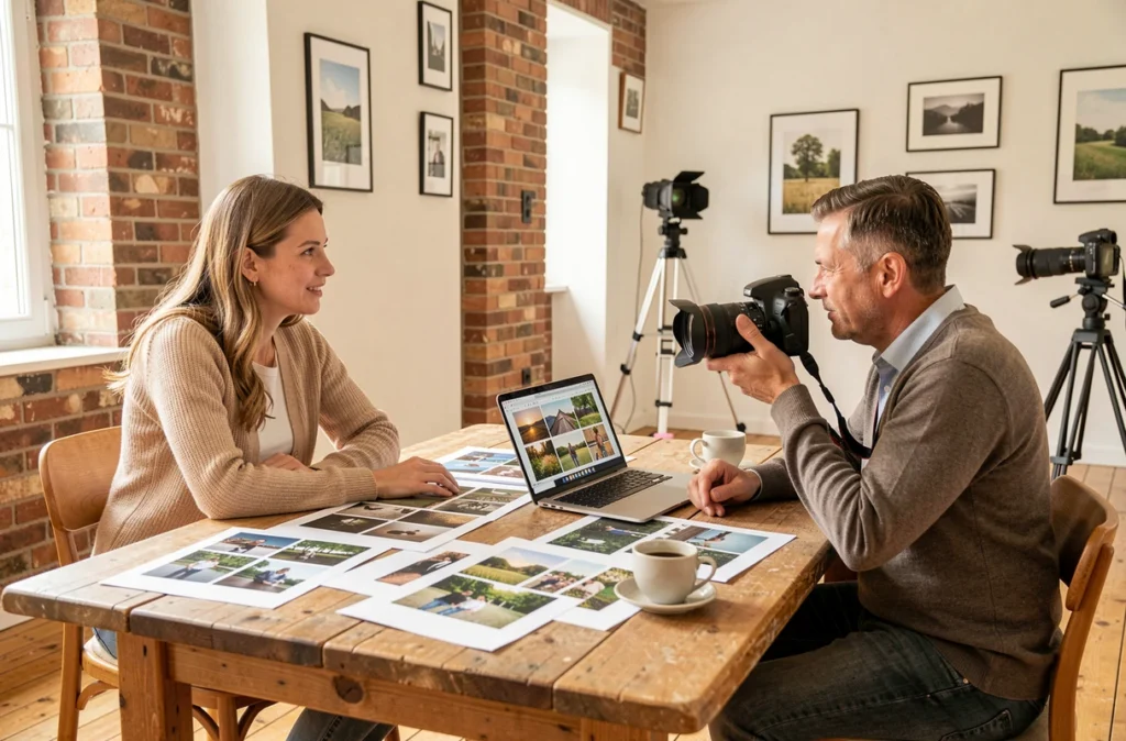Deux photographes en consultation professionnelle dans un studio photo alsacien à Guebwiller, examinant des tirages et un portfolio sur ordinateur