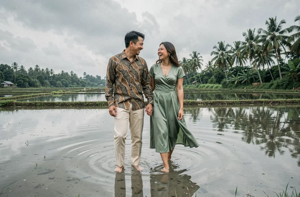 Couple de jeunes mariés marchant pieds nus en riant dans une rizière inondée à Bali avec le reflet du ciel tropical dans l'eau