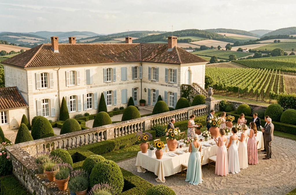 Domaine de Valinches dans la Loire, mariage en extérieur sur terrasse avec jardin à la française et collines ligériennes en arrière-plan