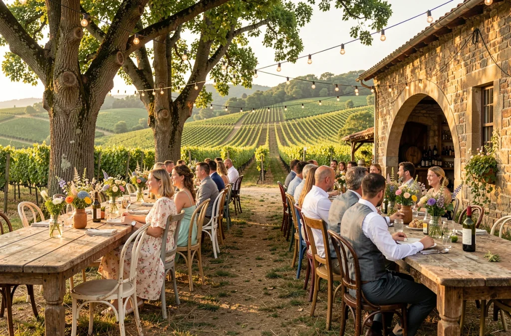 Domaine de Vavril dans le Beaujolais, mariage champêtre en plein air avec tables en bois sous les chênes et vignes en arrière-plan