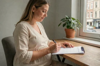 Femme enceinte planifiant la réservation d'un photographe naissance à Lille, assise à son bureau avec un calendrier