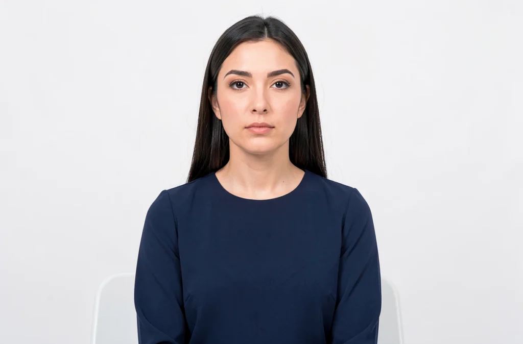 Femme posant devant un fond blanc en studio pour une photo d'identité officielle pour passeport
