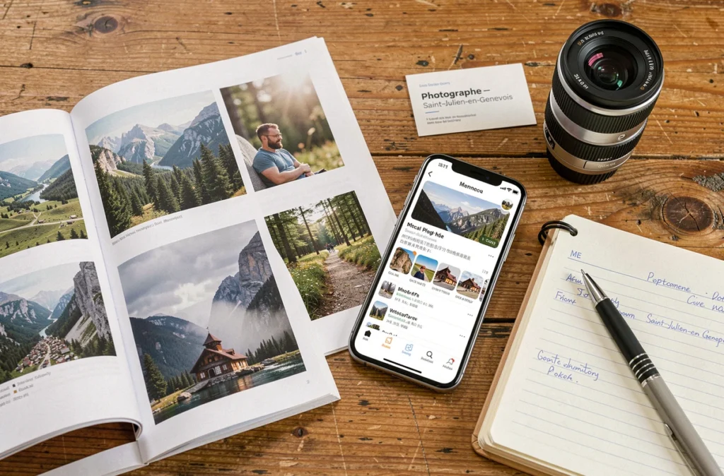 Flat-lay de matériel photographique et portfolio pour trouver un photographe à Saint-Julien-en-Genevois