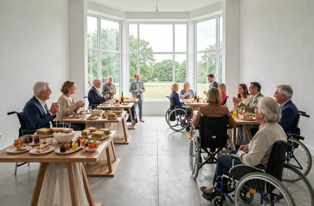 Réception de mariage inclusive et accessible organisée par Fourchette et Roulette dans une salle moderne en Loire-Atlantique