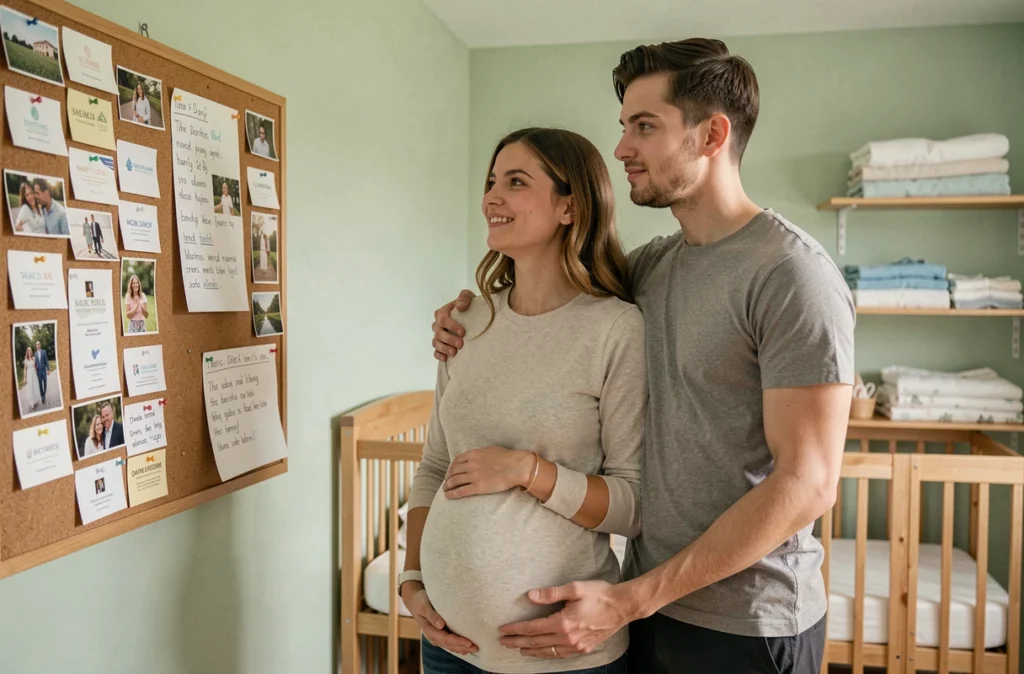 Couple de futurs parents choisissant un photographe naissance à Lille dans la chambre de bébé préparée