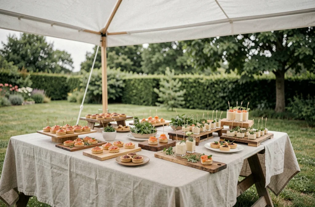 Buffet cocktail de mariage signé GB Traiteur sous une tente blanche dans un jardin de Loire-Atlantique