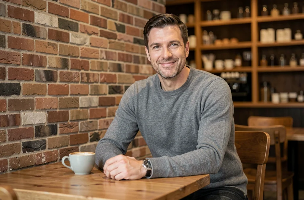 Homme souriant photographié dans un café pour améliorer son profil de site de rencontre