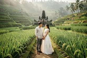 Jeunes mariés en tenue blanche marchant sur un chemin entre les rizières en terrasses de Bali avec un temple balinais en arrière-plan brumeux