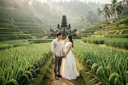 Jeunes mariés en tenue blanche marchant sur un chemin entre les rizières en terrasses de Bali avec un temple balinais en arrière-plan brumeux