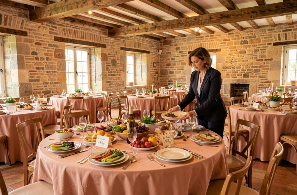 Salle de dîner de mariage décorée et organisée par La Maison Nelly dans une ferme rénovée de Loire-Atlantique