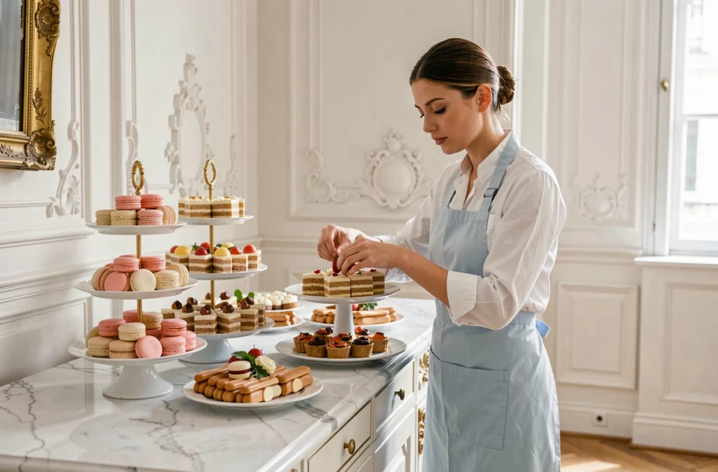 Cheffe pâtissière de La Parisienne Traiteur arrangeant une table de desserts de mariage à l'esthétique parisienne