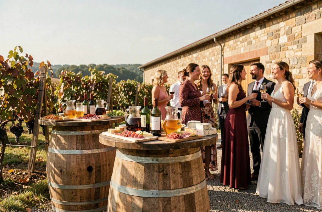 Apéritif de mariage en plein air organisé par L'Abreuvoir dans une cave viticole rénovée de Loire-Atlantique