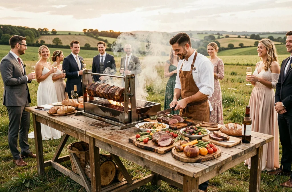 Station de rôtisserie en plein air du Montrognon Traiteur lors d'un mariage champêtre en Loire-Atlantique