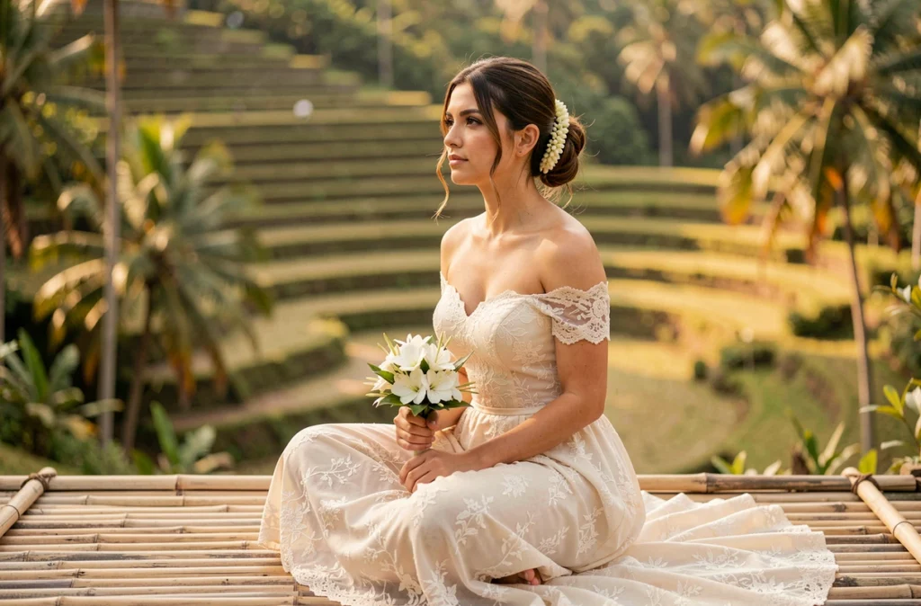 Mariée en robe ivoire assise sur une plateforme en bambou contemplant les rizières en terrasses d'Ubud à Bali avec une guirlande de jasmin dans les cheveux