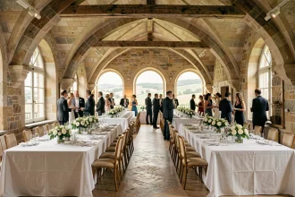 Salle de mariage élégante dans un château en Auvergne-Rhône-Alpes, avec tables dressées et décoration florale raffinée