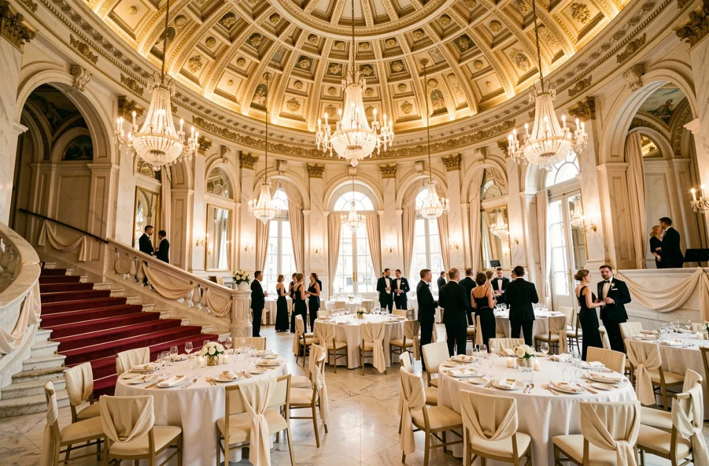 Pavillon de la Rotonde à Lyon, salle de réception d'exception avec rotonde néoclassique, escalier monumental et tables de gala