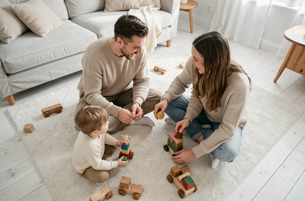 Photo de famille originale en intérieur avec parents et enfants jouant sur un tapis dans un salon scandinave lumineux