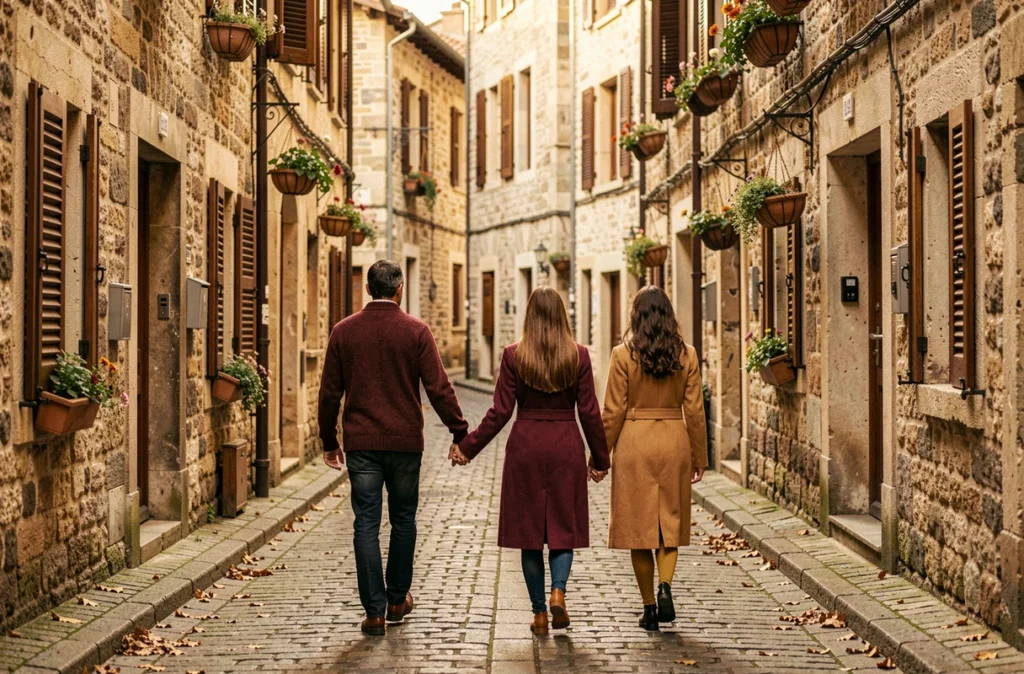 Famille de quatre personnes marchant dans une ruelle pavée d'un vieux village européen lors d'une séance photo professionnelle originale en automne