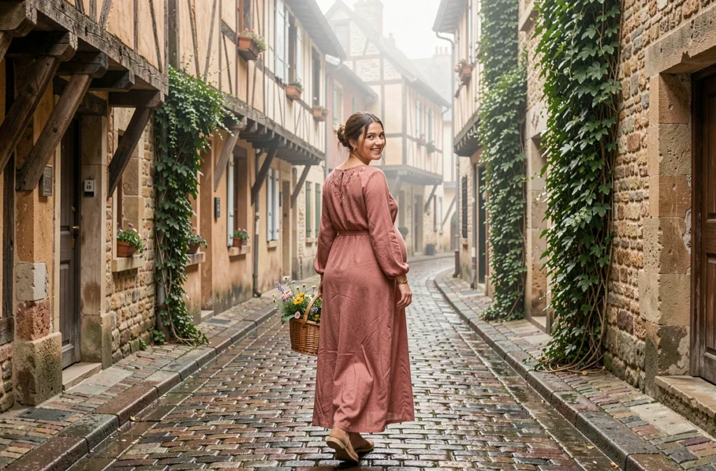 Femme enceinte se promenant dans les ruelles pavées du vieux Châlons-en-Champagne, robe bohème et panier fleuri, photo grossesse lifestyle en extérieur