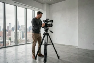 Photographe professionnel utilisant une caméra 3D dans un appartement moderne non meublé pour un projet immobilier