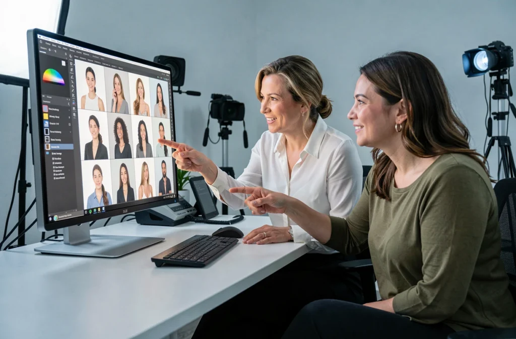 Photographe et cliente examinant ensemble les portraits pour un profil de rencontre sur un écran de montage