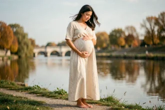 Femme enceinte en robe ivoire au bord de la Marne à Châlons-en-Champagne, caressant son ventre arrondi avec tendresse lors d'une séance photo grossesse