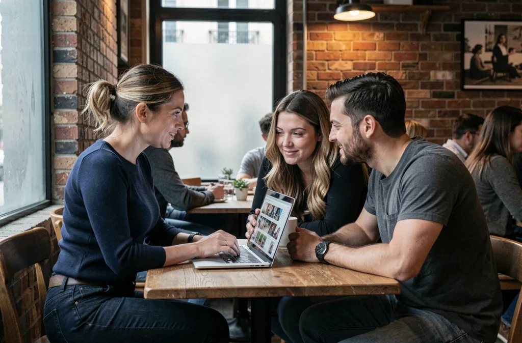 Photographe présentant son book naissance à un couple de futurs parents dans un café de Lille