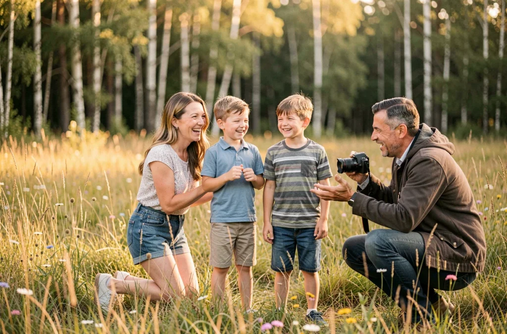 Photographe professionnel dirigeant une séance photo de famille originale dans une prairie dorée avec une mère et ses deux fils