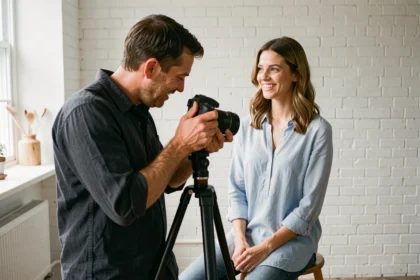 Photographe professionnel prenant en photo une femme souriante pour son profil de site de rencontre en studio