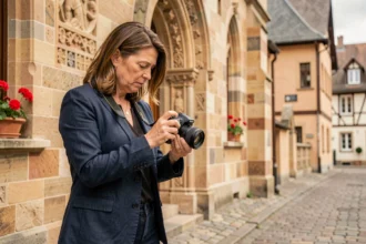 Photographe professionnelle devant une église historique en grès à Guebwiller, consultant ses photos sur appareil photo reflex