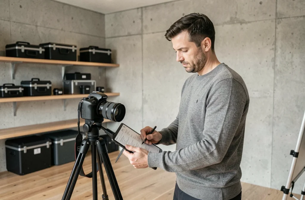 Photographe masculin préparant son matériel dans un studio moderne à Saint-Julien-en-Genevois