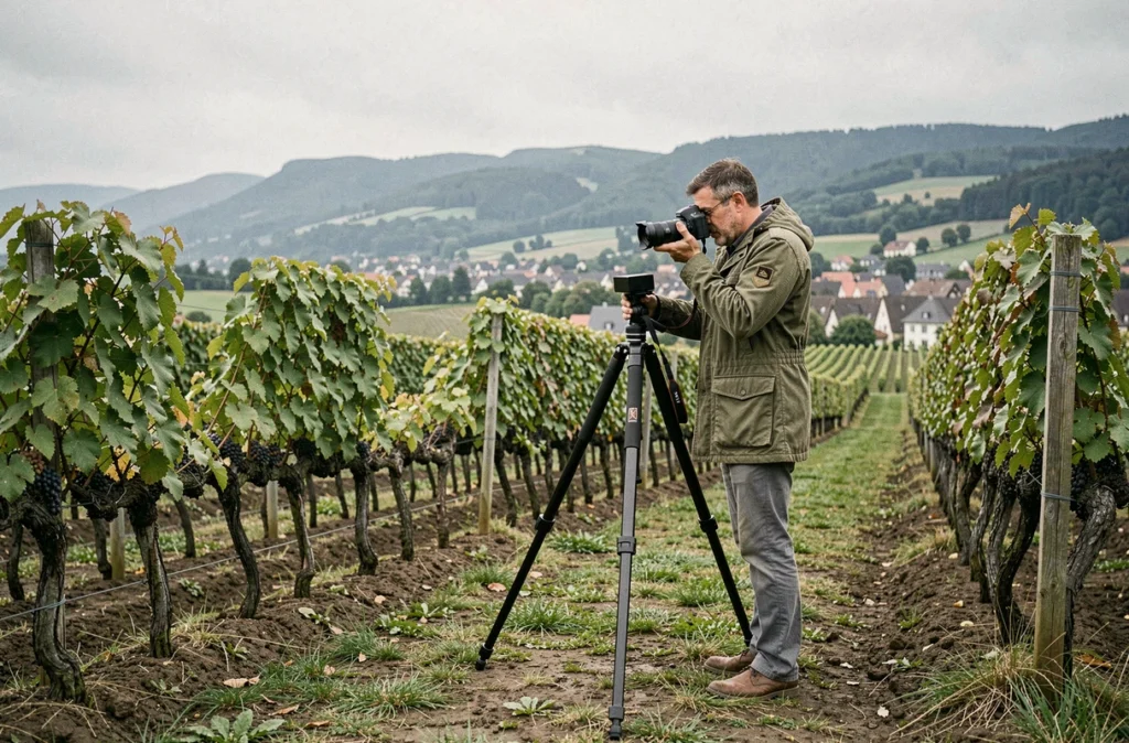 Photographe masculin installant son trépied dans les vignes alsaciennes au-dessus de Guebwiller avec vue sur la ville