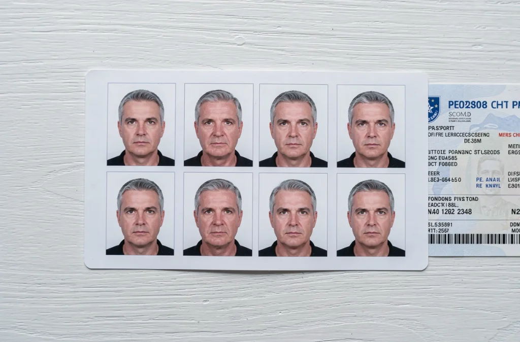 Série de photos d'identité officielles imprimées pour un passeport posées sur une surface blanche