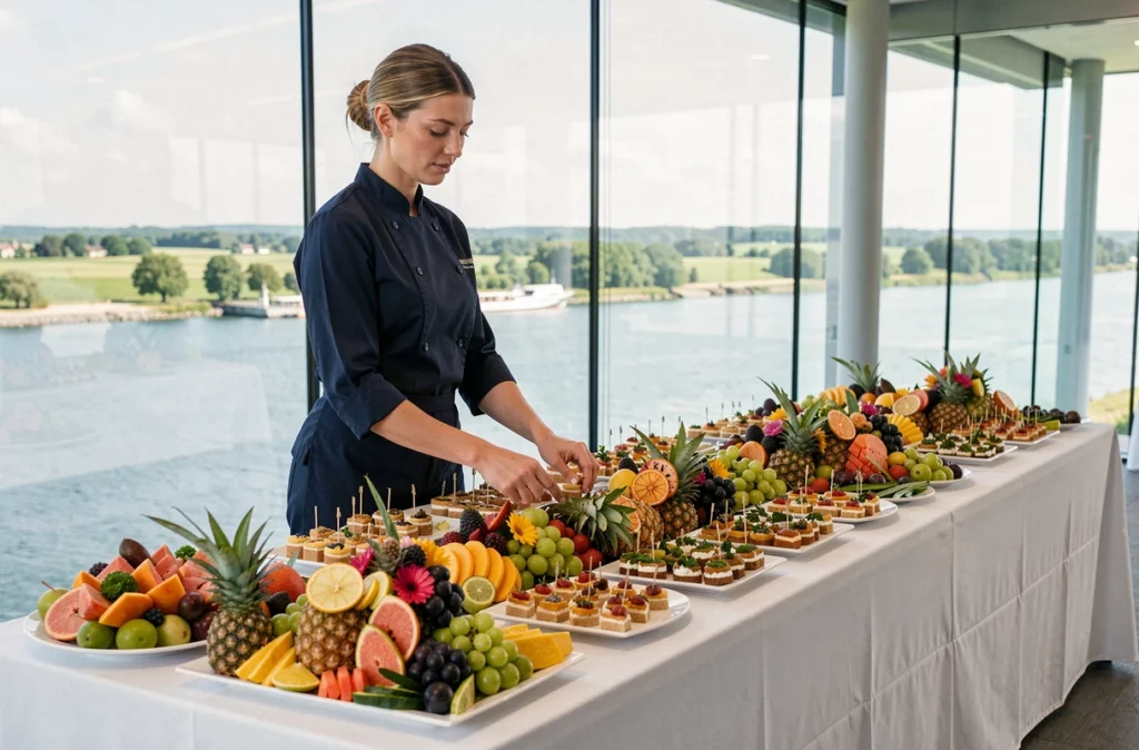Buffet de mariage coloré et exotique préparé par Physalis Traiteur avec vue sur l'estuaire de la Loire
