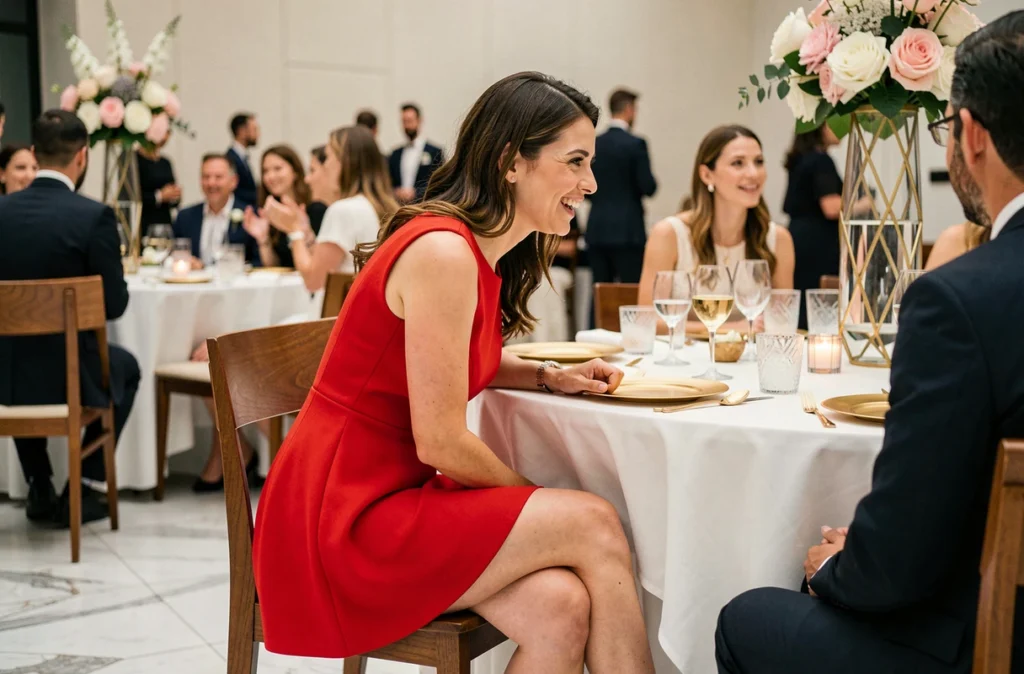 Femme en robe courte rouge lors d'une réception de mariage dans une salle moderne