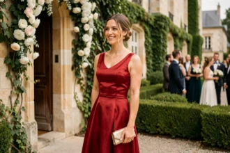 Femme en robe longue rouge élégante devant un château lors d'un mariage en plein air