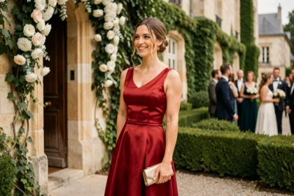 Femme en robe longue rouge élégante devant un château lors d'un mariage en plein air