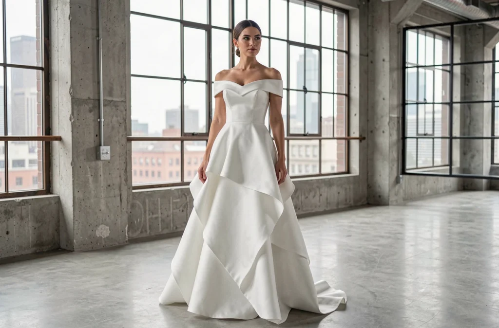 Mariée en robe meringue moderne blanche à coupe architecturale dans un loft industriel urbain