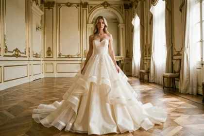Mariée en robe meringue ivoire à jupe en tulle volumineuse dans un château, style princesse classique